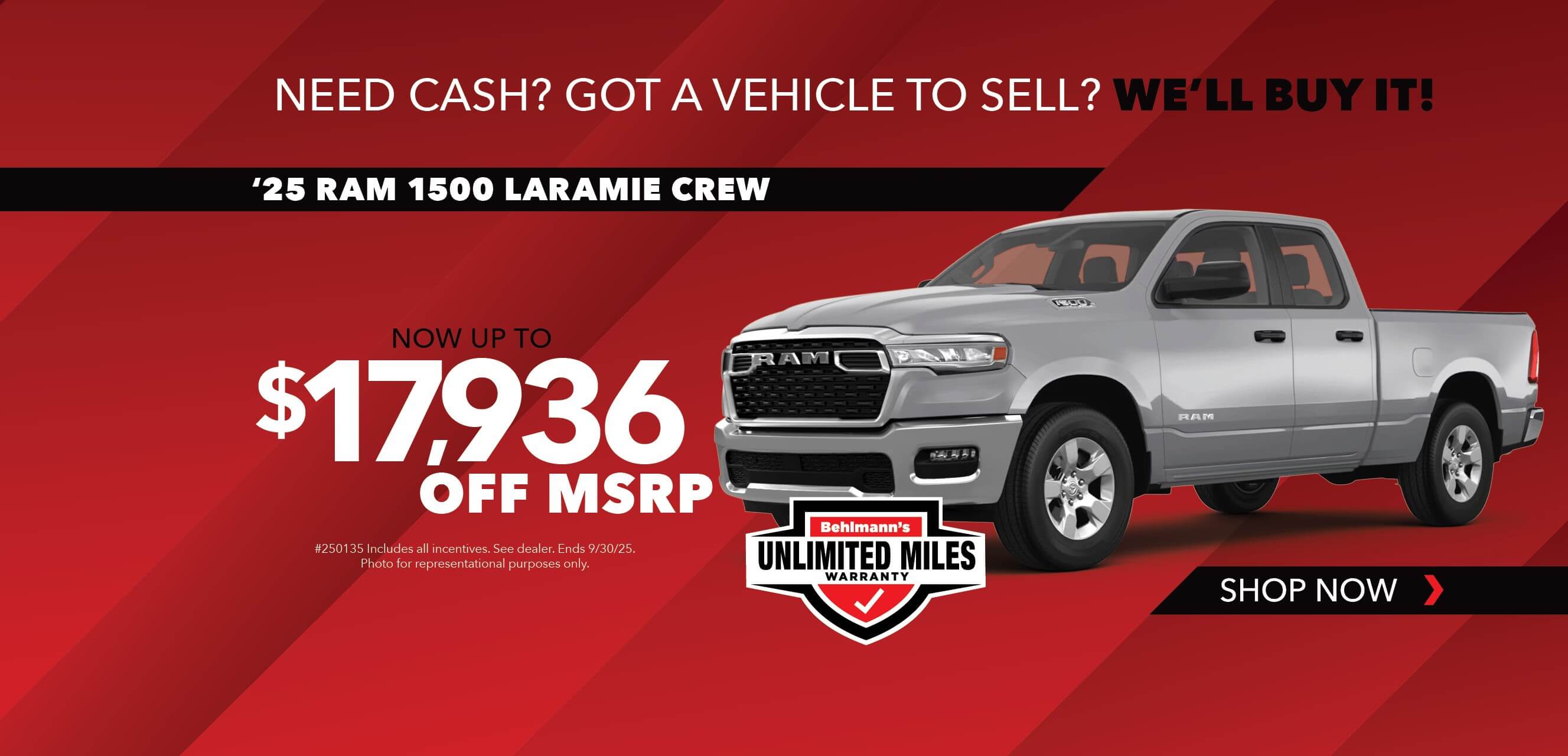 Now up to $17,936 off MSRP on 2025 Ram 1500 Laramie Crew.